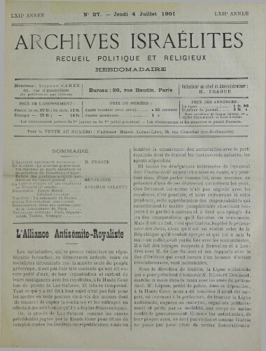 Archives israélites de France. Vol.62 N°27 (04 juil. 1901)